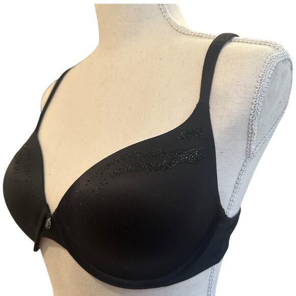 VICTORIA'S SECRET Black Lined Perfect Coverage Bra Solid Rhinestones Womens 32D - Picture 2 of 7